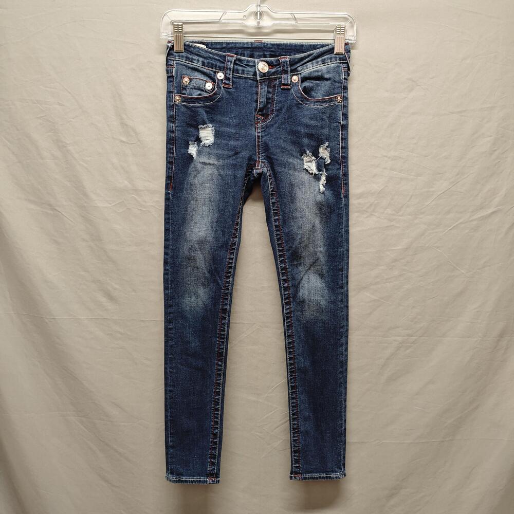 True Religion Jeans Girls 10 Blue Halle Mid Rise Super Skinny Distressed Stretch